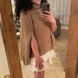 Tan Knit Poncho Cape with Cowl Neck